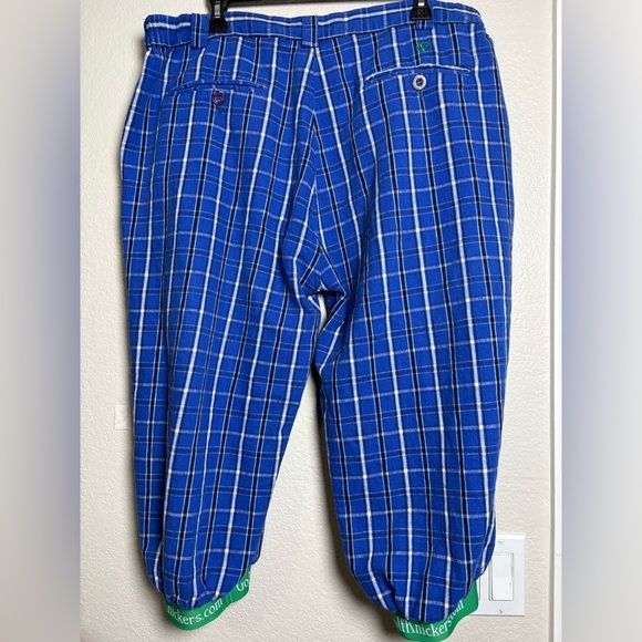 Men’s Blue Plaid Golf Knickers Pants with Green Cuffs. Comfort Elastic Sides. - Picture 11 of 12